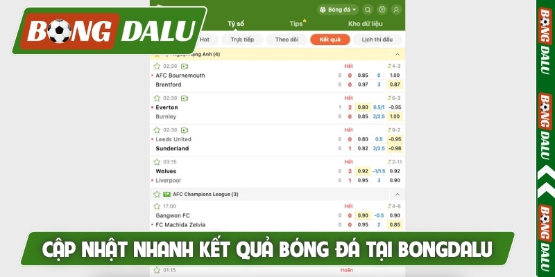 Cập nhật kết quả bóng đá mới nhất tại Bongdalu